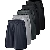 BOOJO 5 Pack Athletic Basketball Boys Shorts - Black Quick Dry Kids Youth Teen Shorts with Pockets for Soccer Running