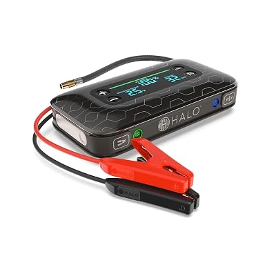 HALO Bolt Air+ 1750 Portable Car Battery Jump Starter | 130 PSI Air Compressor, 59.9Wh USB Power Bank, Large Display, Emergency Floodlight & Charger, Jumps Cars SUVs & Trucks, Inflates Tires — Black
