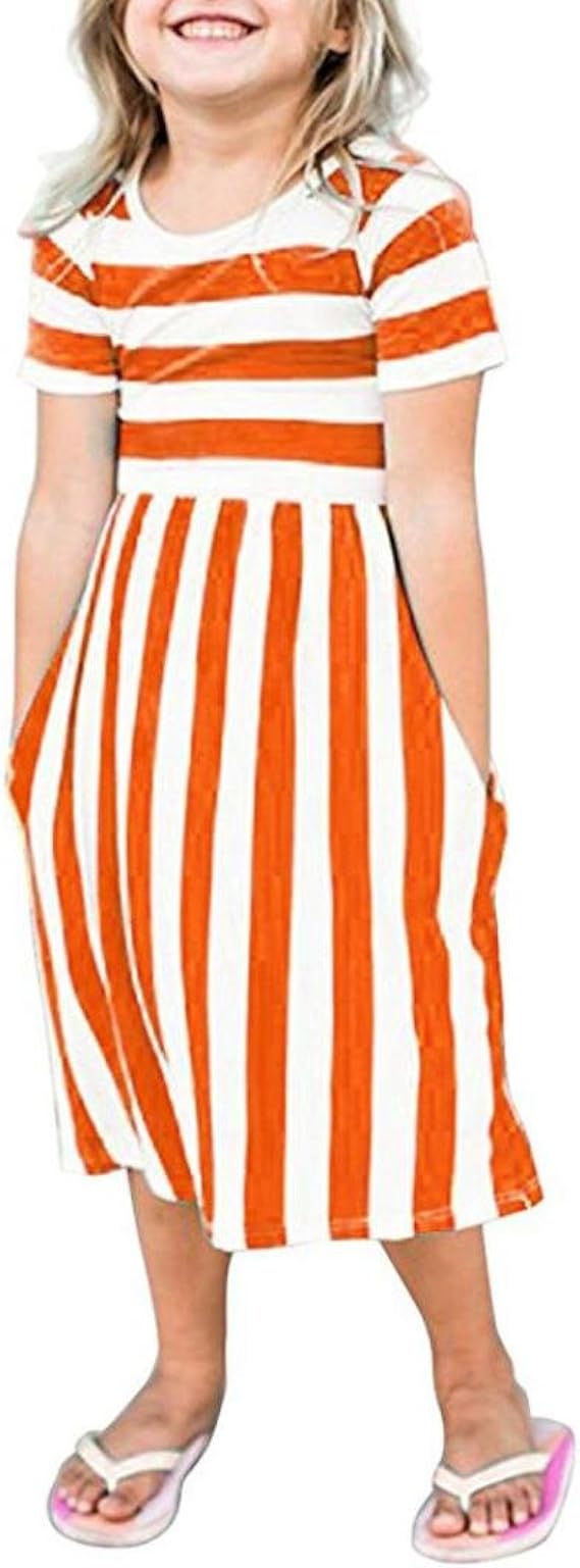 Amazon Huyb女の子 可愛い ワンピース子供服 半袖 ストライプ プリント ポケット付き ドレス ロングワンピース スカートガールズ ワンピース チュニック 通販