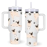 momocici 40oz Pug Tumbler with Handle Gifts for Women.Pug Lover Cups Tumbler Gifts for Women.40 oz Birthday Christmas Pug Cup Tumblers for Pugs Lover.