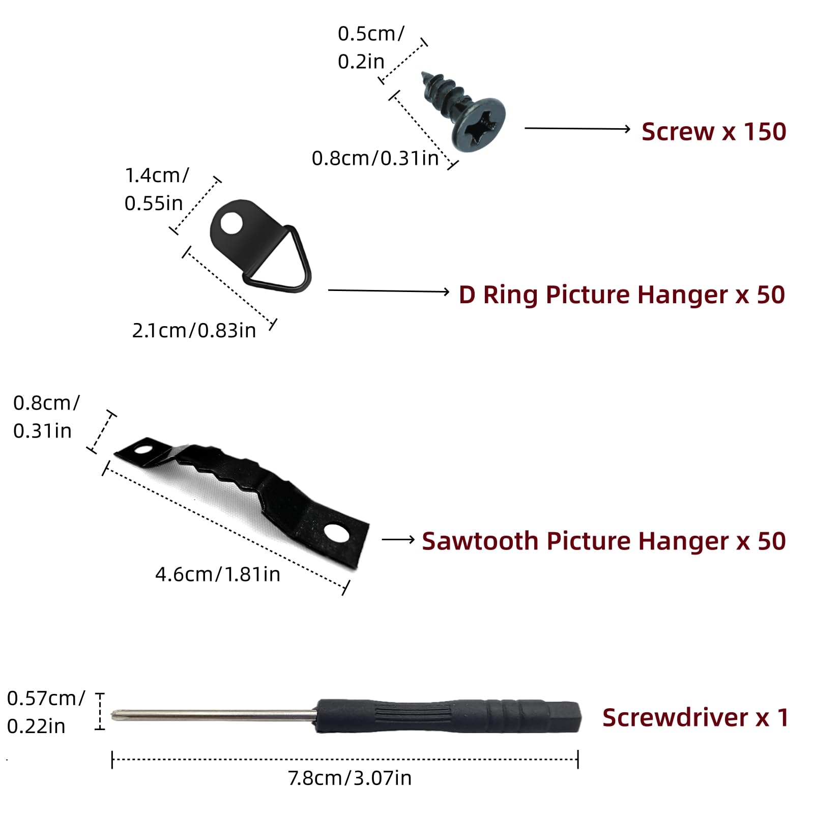 251Pcs Picture Hanging Kit, Include 50 Sawtooth Picture Hangers, 50 D Rings, 150 Screws and Screwdriver, Heavy Duty Picture Frame Hanging Hardware for Wall, Artworks, Frame Canvas Mounting