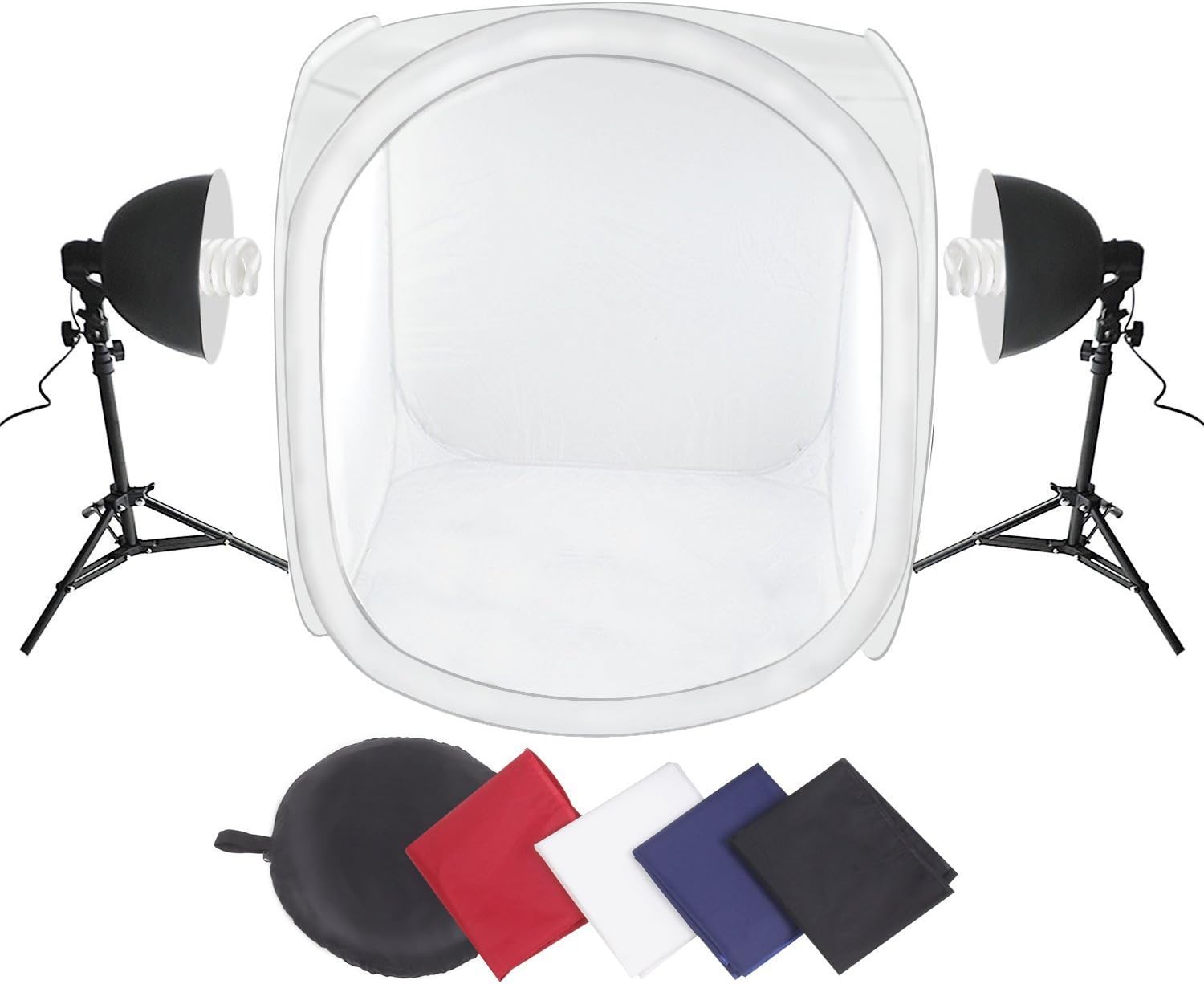 Amzdeal Photo Studio 32"x32" Shooting Tent Light Cube Kit with 2x45W 5500K Light Bulb + 2x40" adjustable Light Tripod Stand + 4 Colors Backdrops (Red Dark Blue Black White)