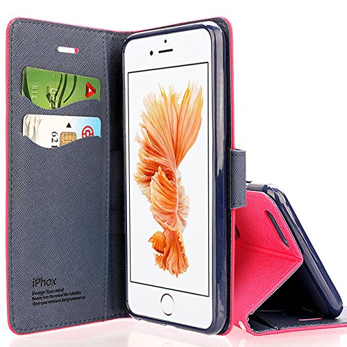 iPhone SE Case, iPhone 5S Case, IPHOX Magnetized Closure Card Slots Money Pouch, Retro Leather Wallet Case Purse Protective Cover Stand Feature Flip Book Case for iPhone 5s / 5 / SE (Red&BU/C)