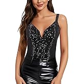 Monanoat Women's Sexy Sequin Corset Top Bodysuit Spaghetti Strap Bustier Top Sparkly Corset Cami Rave Top