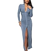 Women's Button Down Ruched Stretchy Dress Long Sleeve Casual Maxi Long Dresses