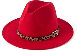 HUDANHUWEI Women's Wide Brim Felt Fedora Panama Hat with Leopard Belt Buckle