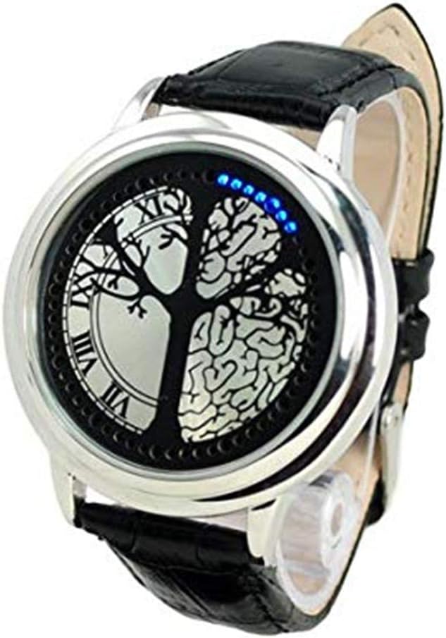 Fashion Blue LED Touch Screen Time of Life Tree Black Leather Band Wrist Watch