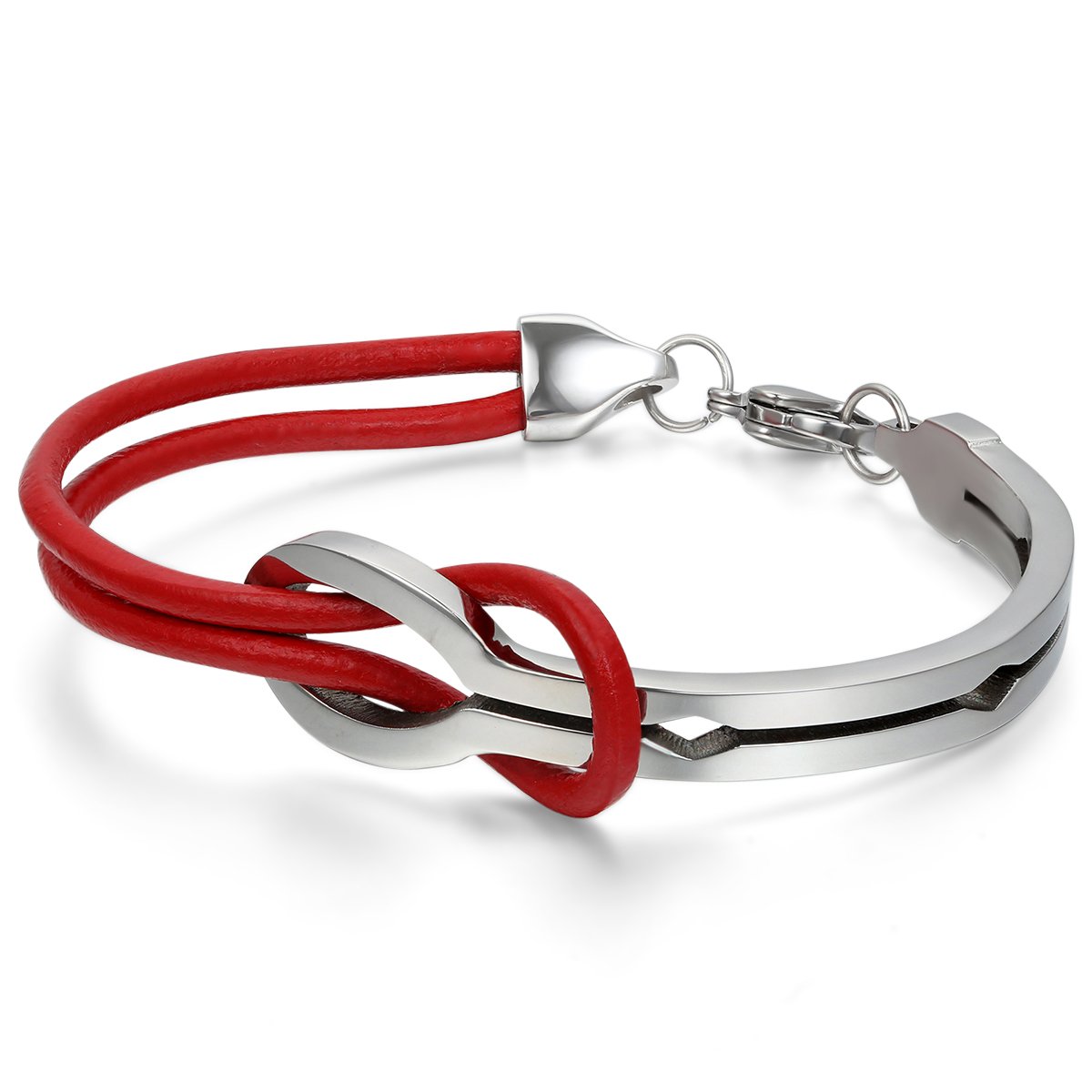 JewelryWe Valentine Gifts Red Leather Half Cuff Stainless Steel Infinity Bangle Bracelet