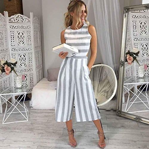 Women Sleeveless Stripe Jumpsuit,Hemlock Summer Wide Leg Pants Jumpers Tops Playsuit Trousers Hemlock (M, Blue)