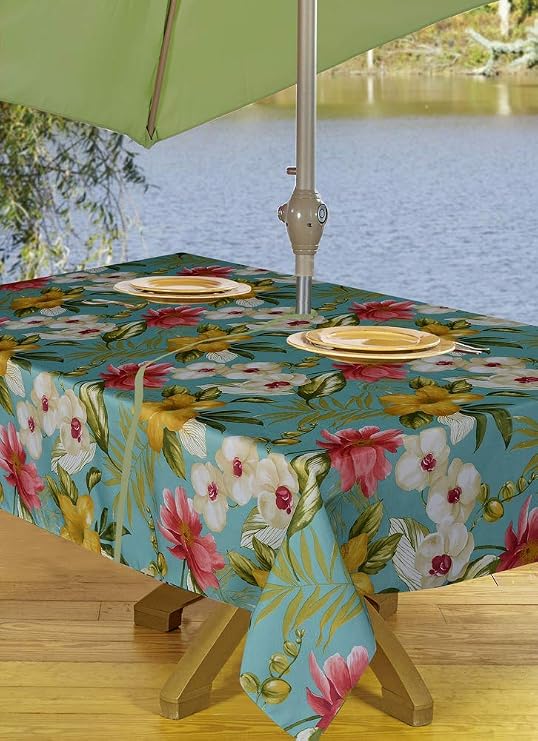 Amazon Com Texstyles Rectangular Tablecloths Indoor Outdoor Tablecloths With Umbrella Hole Zipper Waikiki Aqua Tablecloth Table Linens Machine Washable 54 X 72 Kitchen Dining