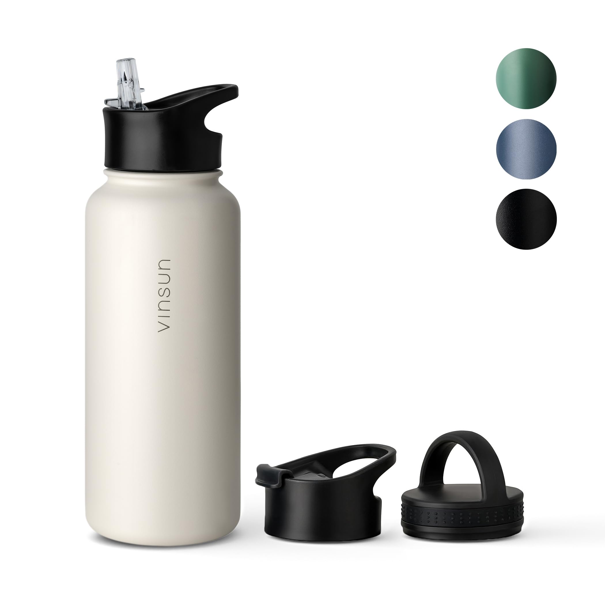 VINSUN Stainless Steel Water Bottle White 1L - 3 Lids - Leakproof, Carbonic Acid Suitable, BPA Free - Lightweight Thermo Bottle for Sport, Outdoor, School, Bike, Office, Gym