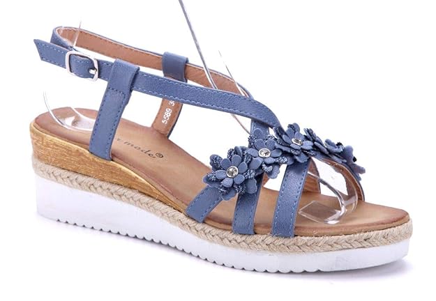 Schuhtempel24 Damen Schuhe Keilsandaletten Sandalen Sandaletten Keilabsatz Ziersteine/Blumenapplikation 5 cm
