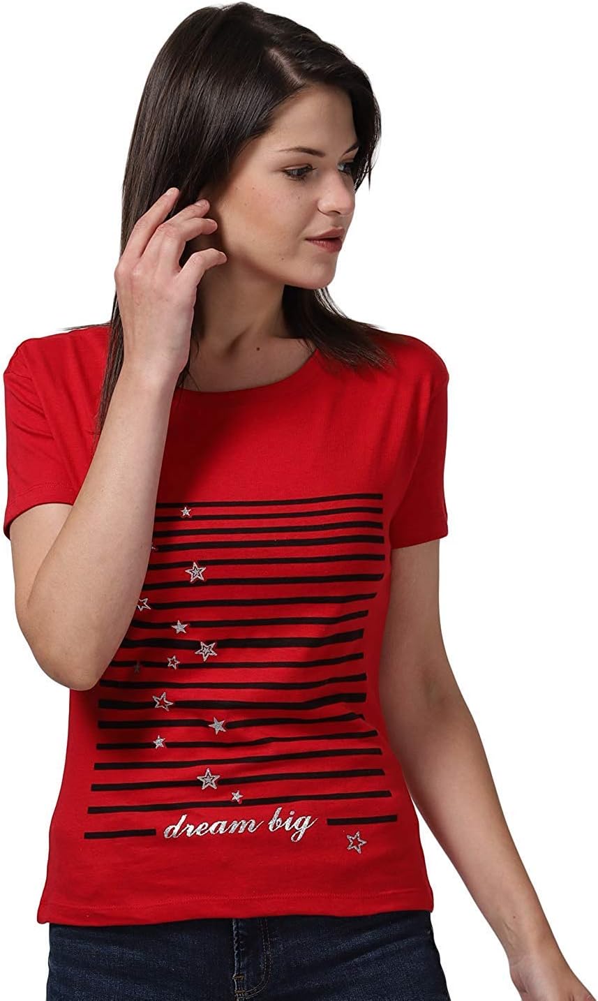 ISCO ALBA Red Cotton Short Sleeve Regular Fit Womens T-Shirt
