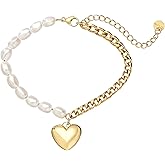 Gold Stainless Steel Plated Pearl Heart Pendant Bracelet for Women, Y2k Aesthetic Chunky Chain Adjustable Bracelet, Dainty Fashion Jewelry Gift for Birthday Christmas Valentines Day