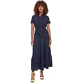 London Times Women's Dresses Women's Button Down Short Sleeve Tiered Maxi Dress with Pockets and Belt - Casual Long Summer Dress, Navy, Small
