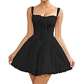 Womens Summer Floral Mini Dress Square Neck Tie Front Lace Spliced Ruched Backless Casual Party Graduation Short Dresses