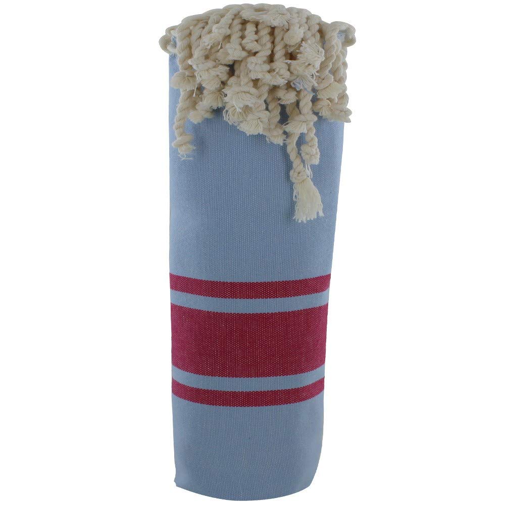 LES POULETTES BIJOUX - Towel Cotton Fouta Hammam or Beach Blue Sky Color Fuchsia Stripes