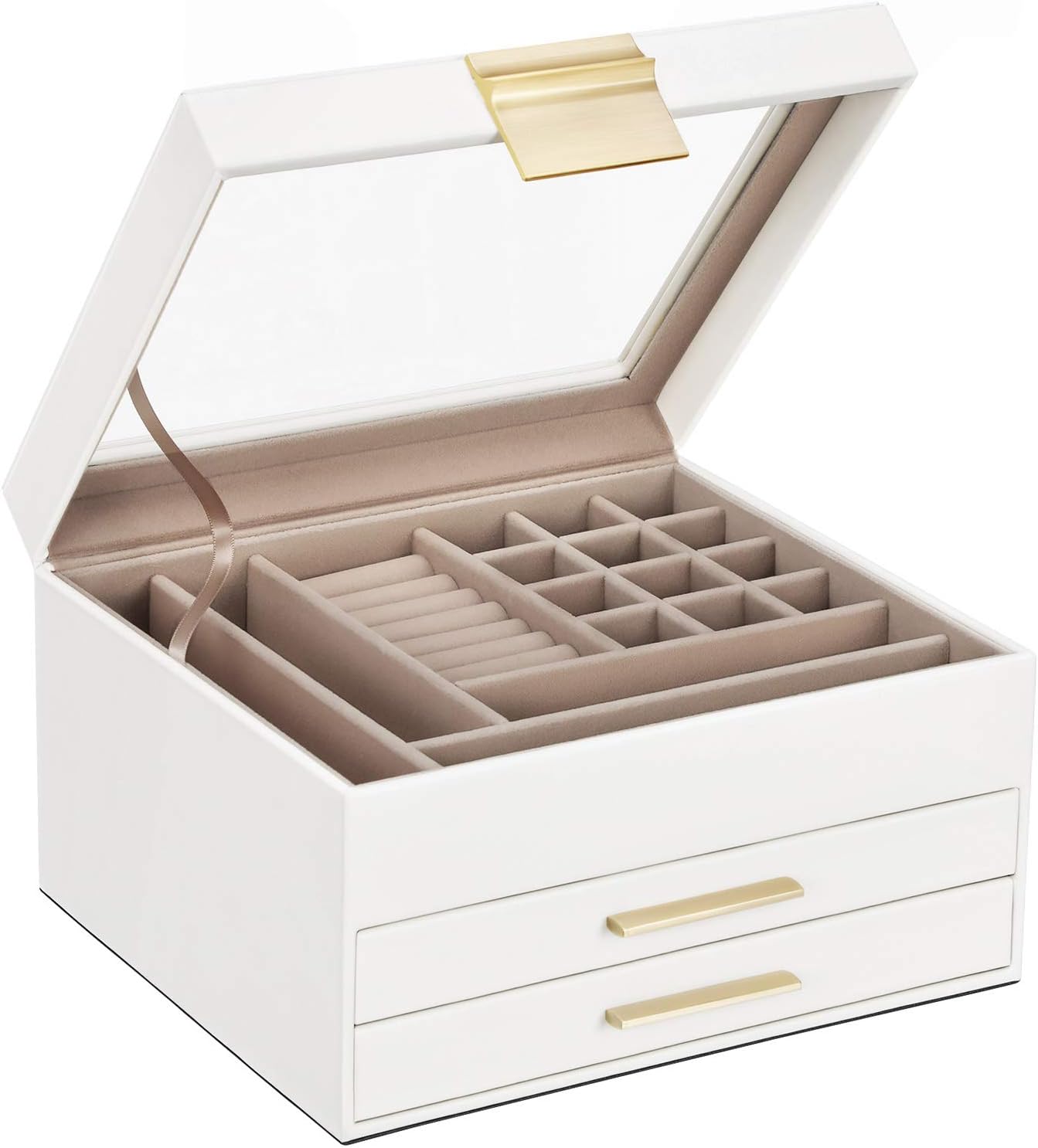 SONGMICS Jewelry Box with Glass Lid, 3-Layer Jewelry Organizer with 2 Drawers, Gift for Loved Ones, White UJBC239WT: Home & Kitchen
