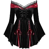 ROSE GAL Rosegal Women Plus Size Romantic Gothic Lace-up Lace Panel Ruched Bell Sleeves Velvet Tee