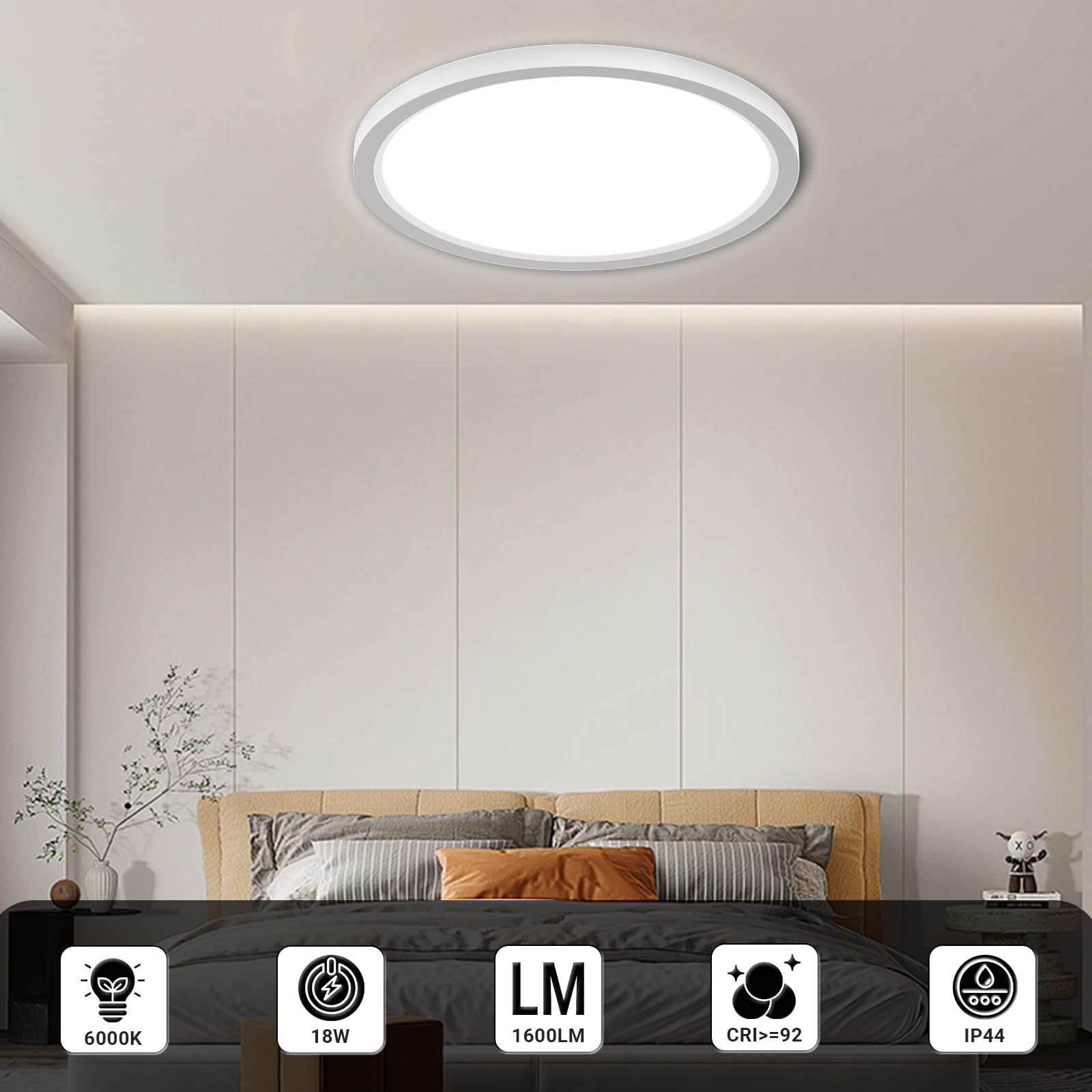 LQWELL® Deckenleuchte LED Deckenlampe, IP44 Wasserfest Badlampe Rund Flach 18W 6000K 1600LM Modern Schlicht Lampe Dünn für Wohnzimmer Badezimmer Schlafzimmer Küche Balkon Keller Büro, 220 * 24mm 3