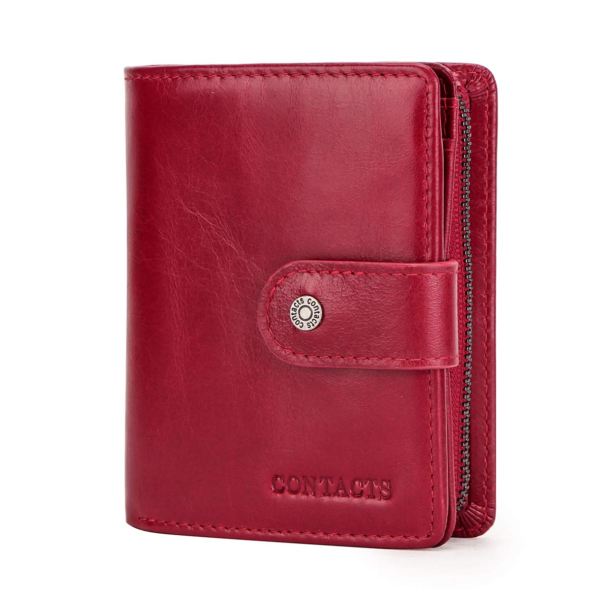 CONTACTS Genuine Leather Womens Coin Card Holder Zipper Clutch Purse Wallet (Red)