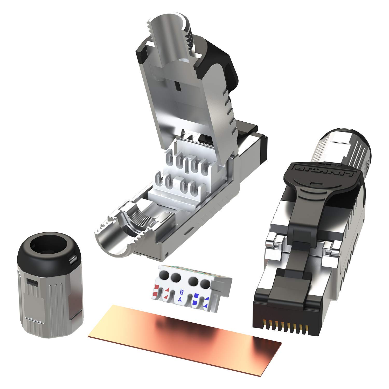 LINKUP - RJ45 Connectors Cat6A (6 Pack) Shielded Metal Die-Cast Field Modular Termination Plug | 10G Easy Internet Tool Free Plugs | For Cat6A up to 22AWG Solid Bulk S/FTP Ethernet Cable [Black] — image 1