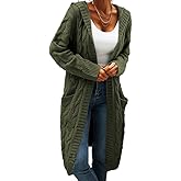 Women Hooded Open Front Cardigan Cable Knit Sweaters Solid Color Chunky Long Sweater Coats