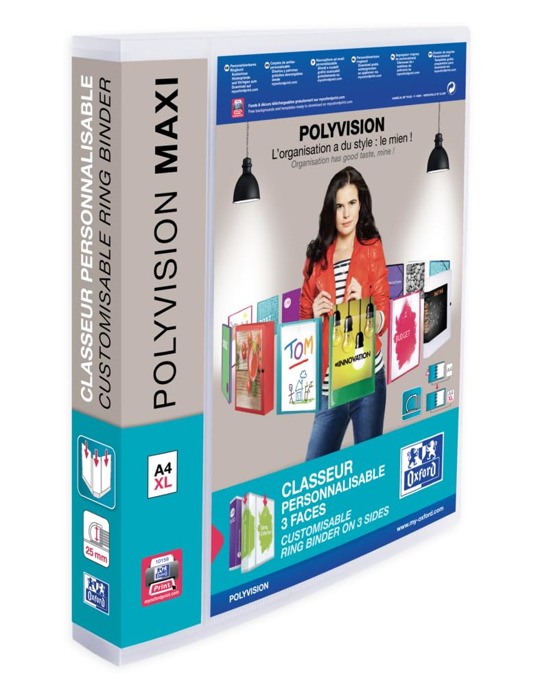 Oxford A4 4 D-Ring Binder, 25mm capacity, 40mm spine, Presentation Folder with Customisable Cover, Portrait, Clear (Single)