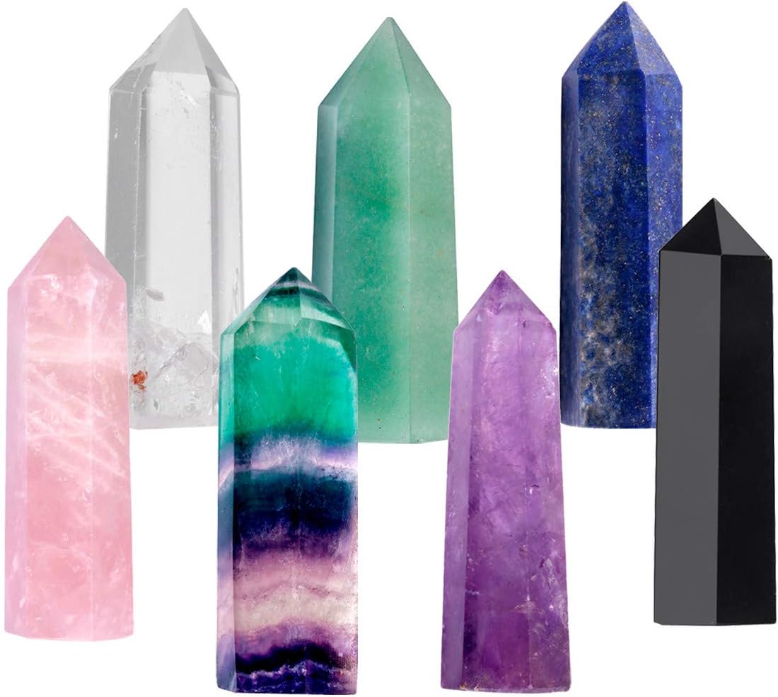 mookaitedecor 7 PCS Healing Crystal Wands 2" Amethyst, Rock Quartz, Rose Quartz, Black Obsidian, Lapis Lazuli, Green Aventurine, Rainbow Fluorite 6 Faceted Reiki Stone for Meditation Therapy Decor: Home & Kitchen