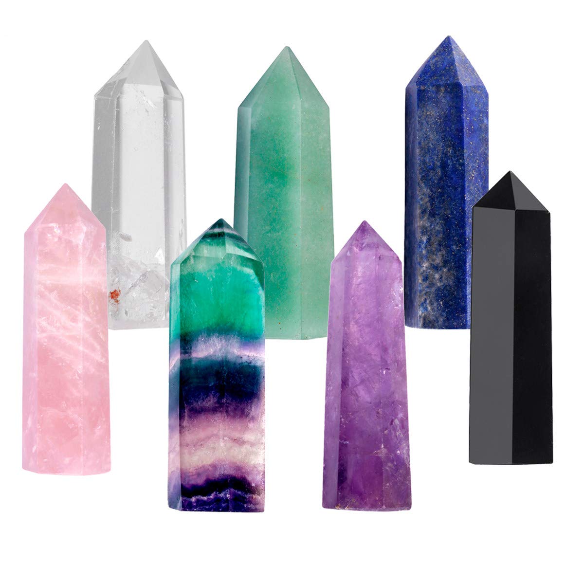 mookaitedecor 7 PCS Healing Crystal Wands 2" Amethyst, Rock Quartz, Rose Quartz, Black Obsidian, Lapis Lazuli, Green Aventurine, Rainbow Fluorite 6 Faceted Reiki Stone for Meditation Therapy Decor