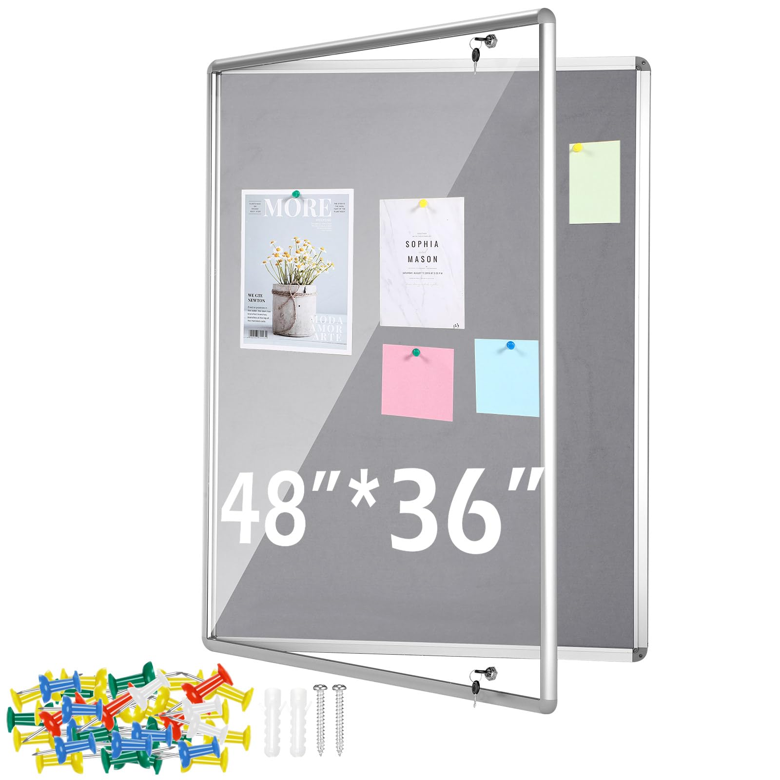 Photo 1 of ***ITEM IS BENT***Suzile 1 Pcs Gray Enclosed Bulletin Board Lockable Cork Case Notice Board Aluminum Framed Waterproof Locking Cabinet with Mounting Screws for School Class Office Wall Display Pictures 48x36 Inch***ITEM IS BENT***