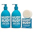 Nudy Rudy Sea Salt Suds 2 Pack, Liquid Body Wash Bundle with Bonus Soap Bar, Aloe Vera and Vitamin E, Moisturizing Shower Gel and Hand Soap for Men and Women 16.9 fl oz and 4.2 oz