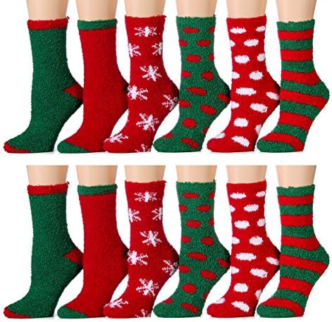 Christmas Printed Socks, Fun Colorful Festive, Crew, Knee High, Fuzzy, Or Slipper Sock by WSD (12 Pairs Fuzzy Socks B)