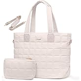 LOVEVOOK Laptop Tote Bag for Women, 15.6 Inch Large Puffer Work Computer Tote Bags for Teacher Nurse, Quilted Women's Purse Tote Shoulder Handbags with Zipper for Travel College Office Gym, Taupe