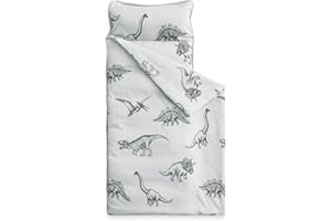 Wake In Cloud - Toddler Nap Mat with Pillow and Blanket, for Kids Boys Girls in Kindergarten Daycare Preschool Pre K, Roll Up Sleeping Bag, Jurassic Dinosaur Dino, Grey, Standard