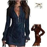 Womens Suede V-Neck Zip-Up Dress,Sexy Western Cowgirl Suede Dress with Lace Trim,Long Sleeve Solid Retro Mini Dresses