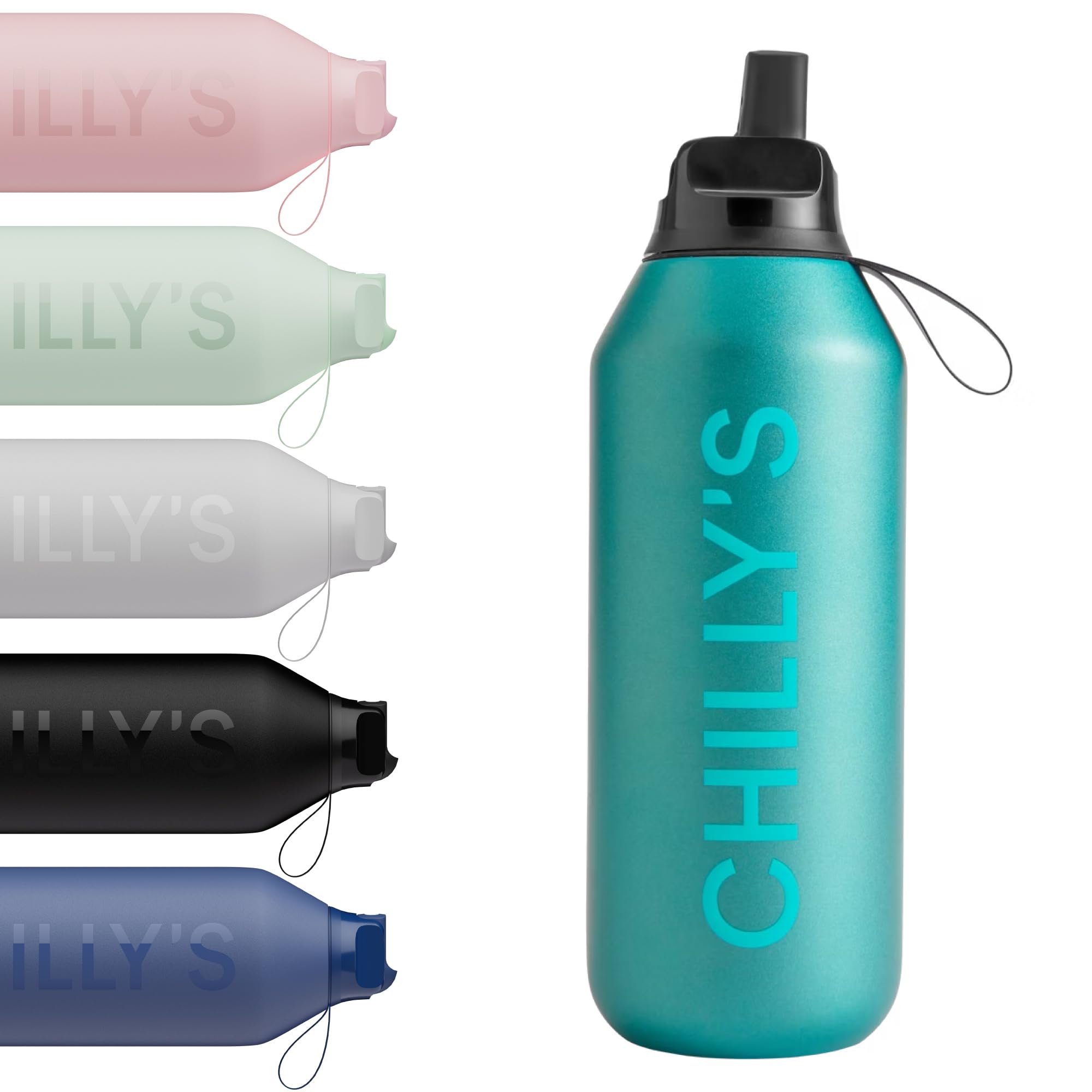 Chilly's Series 2 Flip Water Bottle with Sports Lid - Vacuum Insulated Stainless Steel Water Bottle with Straw, Carry Loop, & Cleaning Brush - No Sweat - 500ml - Atlantis — image 1