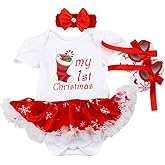 ODASDO Baby Girls My First Christmas Outfit Newborn Infant 1st Xmas Princess Tutu Romper Dress + Headband + Shoes 3pcs