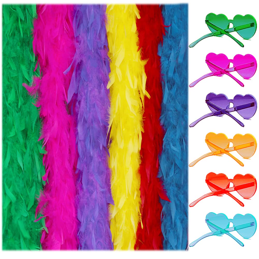 LIULIUBTY Colored Feathers Flapper Colorful Feather Boas for Party 6.6ft 6 Pcs with Frameless Sunglasses Party Favor Party Dancing Dress Up Carnival Costume Ornament 6 Colors (6 Colors Multi)