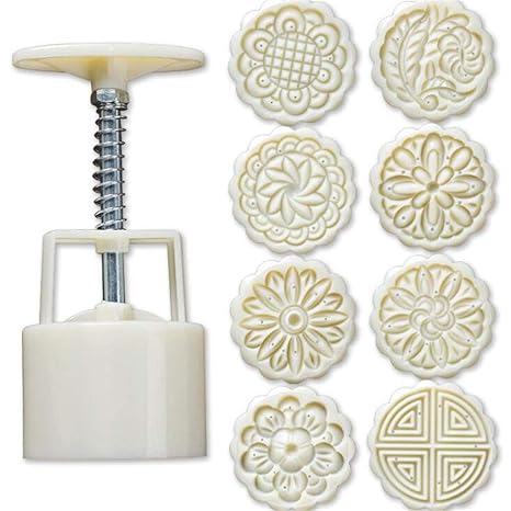 Hand Pressure Maker Mould+ 8 Pcs 100g Flower Stamps Mode Plunger Kit Baking Pastry Decor Tool Plastic Cookies Cutter Moon Cake Mould Kitchen DIY Bakeware Molds 9pcs/Set Round Mooncake Mold
