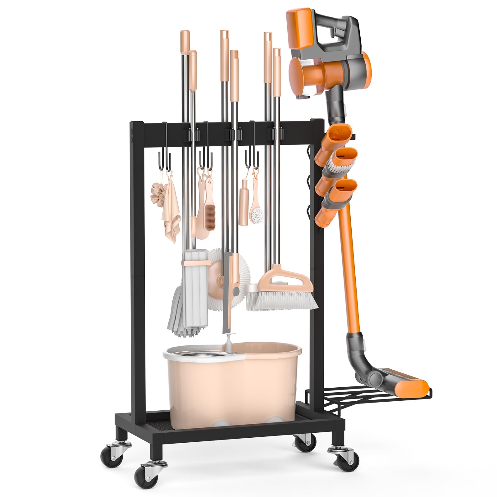 Photo 1 of Broom Holder with Cleaning Supplies Organizer Load 160 LBS Cleaning Cart with Wheels Broom Closet Storage with 6 Mop Hanger Grippers, 3 Double-Hooks, Vacuum Stand for Laundry Garage Organization