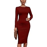 Kaximil Women's Sexy Bodycon Ruched Long Sleeve Basic Midi Club Party Pencil Dresses