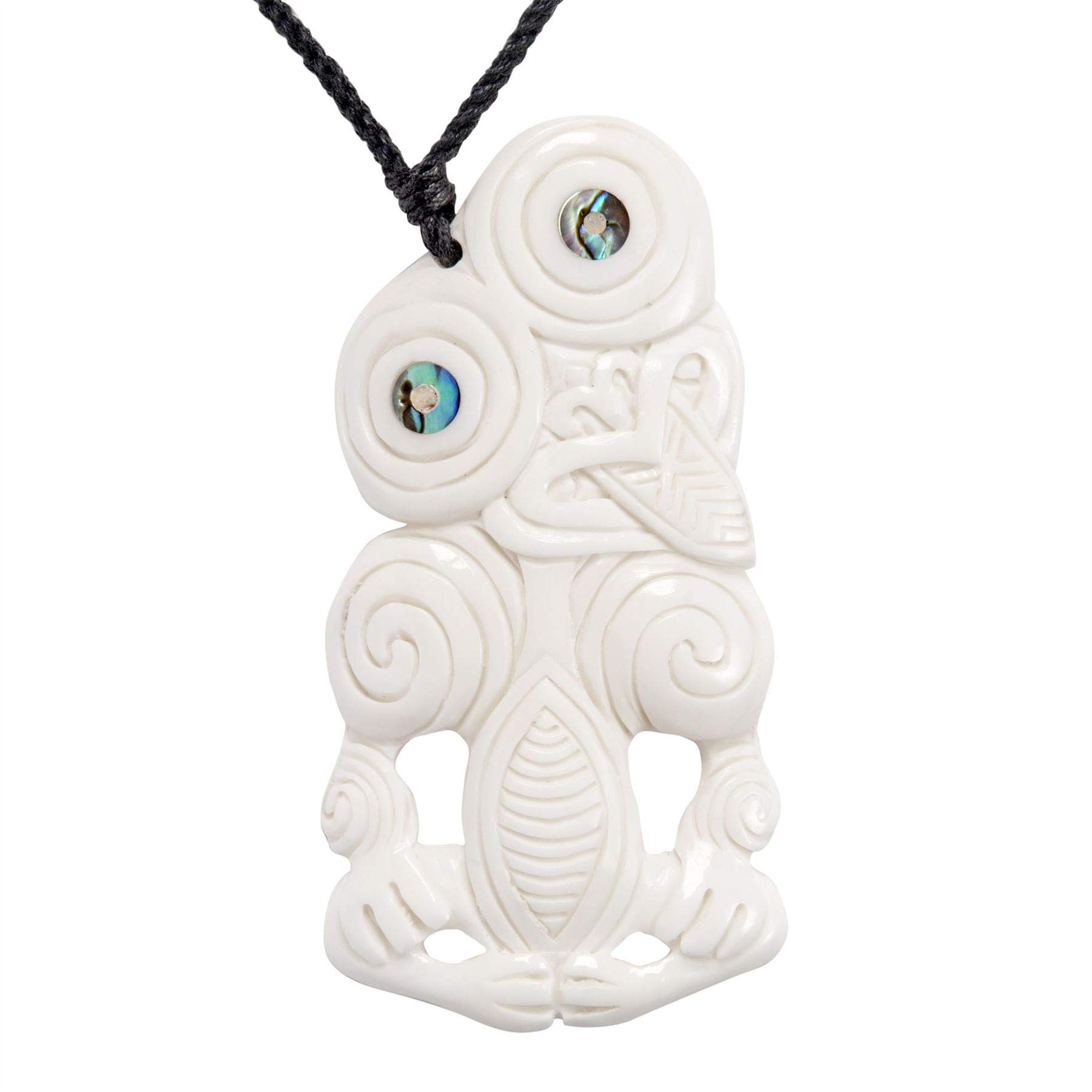 81stgeneration Hand-Carved Bone Paua Shell Extra Large HEI-Tiki Pendant Necklace - Natural Bone Cord Surfer Necklace for Men - Women's Maori-Style Taonga Amulet - Tribal Handmade Statement Jewellery
