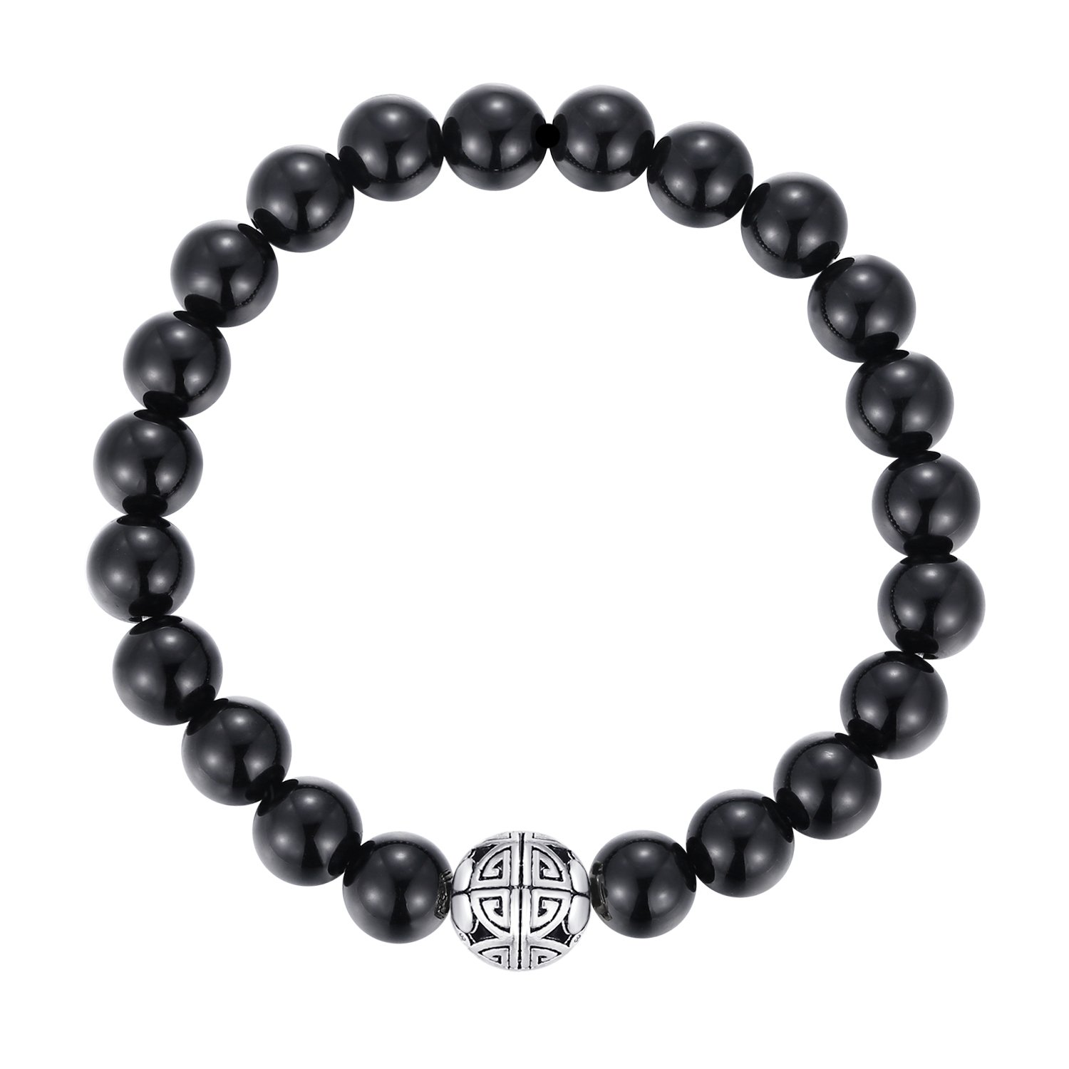 MetJakt Natural 8mm Gemstones Healing Crystal Stretch Beaded Bracelet Bangle with 925 Sterling Silver Double Happiness Pendant (Black Agate) — image 1