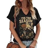 TIXOM Womens Fall Halloween Thanksgiving V Neck Shirt Holiday Funny Family Matching Graphic Tee Casual Autumn Tops