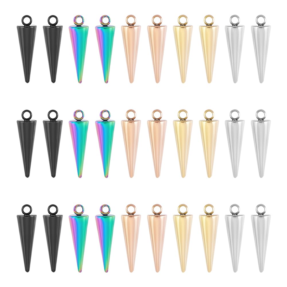 UNICRAFTALE 30Pcs 5 Colors Cone Charms 201 Stainless Steel Pendants Punk Style Spike Charms Metal Punk Earring Charms 18.5mm Bracelet Pendants for DIY Necklace Bracelet Jewelry Making