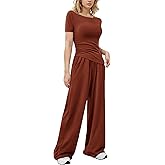 vyolu Women's 2 Piece Lounge Sets Asymmetrical Short Sleeve Wide Leg Pants Casual Outfits Tracksuit Streetwear