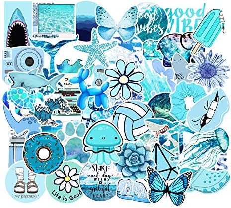 Cute Blue Vsco Stickers for Water Bottle[50pcs] Ins Pop Big Decals for Laptop Phone Tumbler Hydro Flask Car Computer Guitar Ceiling Wall Helmet Skateboard Luggage Bike Bumper Waterproof, Gift for Teen