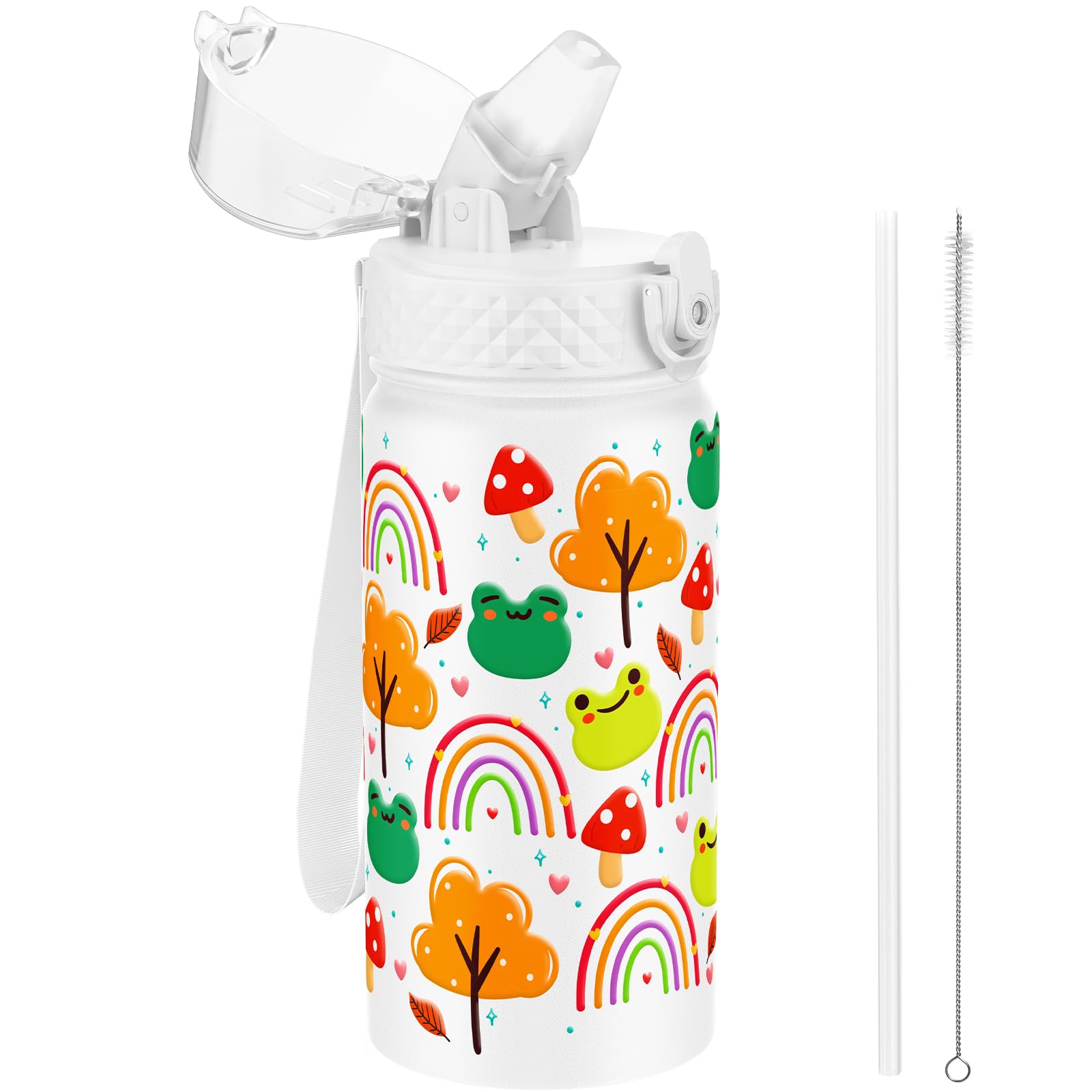 GOPPUS 420ml/14oz Kids Insulated Water Bottle with Straw Cute Double Wall Stainless Steel Child's Small Flask Vacuum Insulated Steel Metal Leak Proof Drink Flask Boys Toddler Girls Bottles BPA-Free