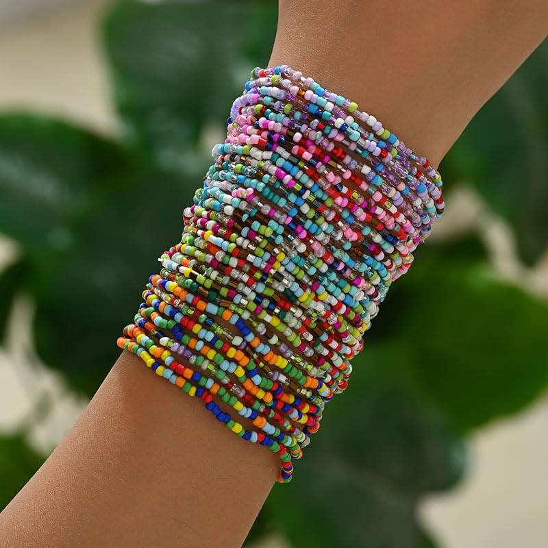 30Pcs Bohemian Elastic Beaded Bracelets Set - Multilayer Stackable Stretch Boho Wristbands, Colorful Crystal Glass Beads Jewelry for Women Summer Gifts